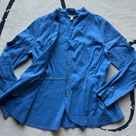 Eileen Fisher Blue Zip Blazer‎ Size M Organic Linen Blend Italian Fabric - Picture 2 of 8
